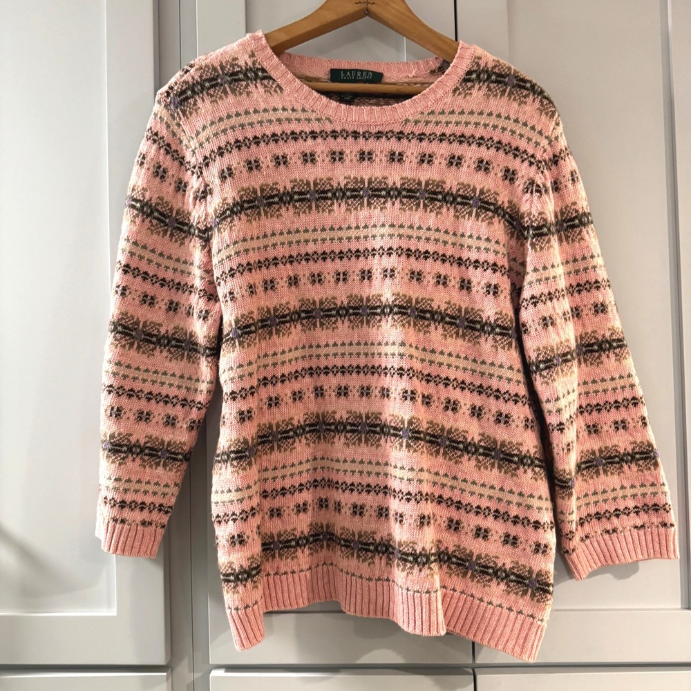 Lauren Ralph‎ Lauren Pink Fair Isle Linen Cotton Wool Sweater XL Womens Crewneck